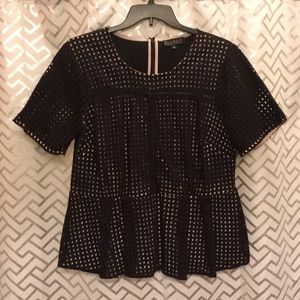 Black Eyelet Peplum Top with Nude Underlay